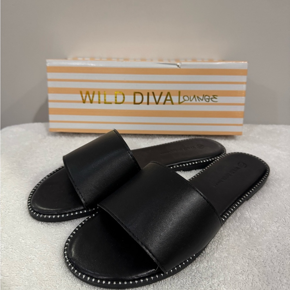 WILD DIVA Lounge Black Studded Slide Sandals